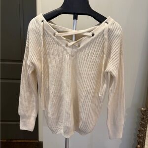 Cream Lace-Up V-Neck Knit Sweater